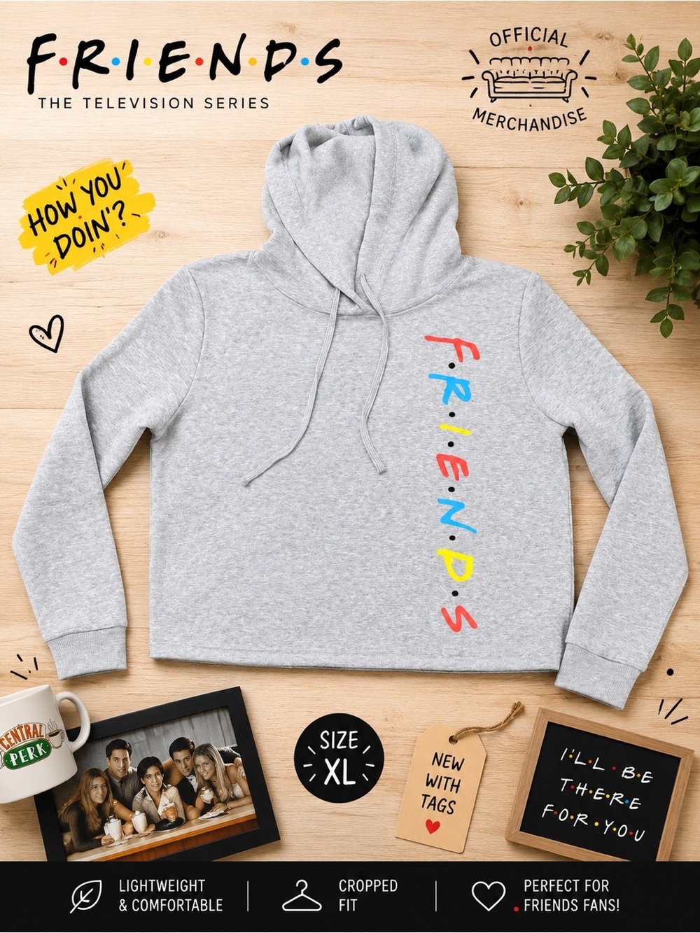 Friends TV Show Gray Cropped Hoodie XL Colorful Logo Lightweight NWT
